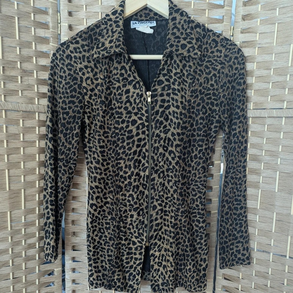 VTG Y2K Burnout Leopard Print Zip Front Long Sleeve Fitted Blouse‎ Top Mall Goth